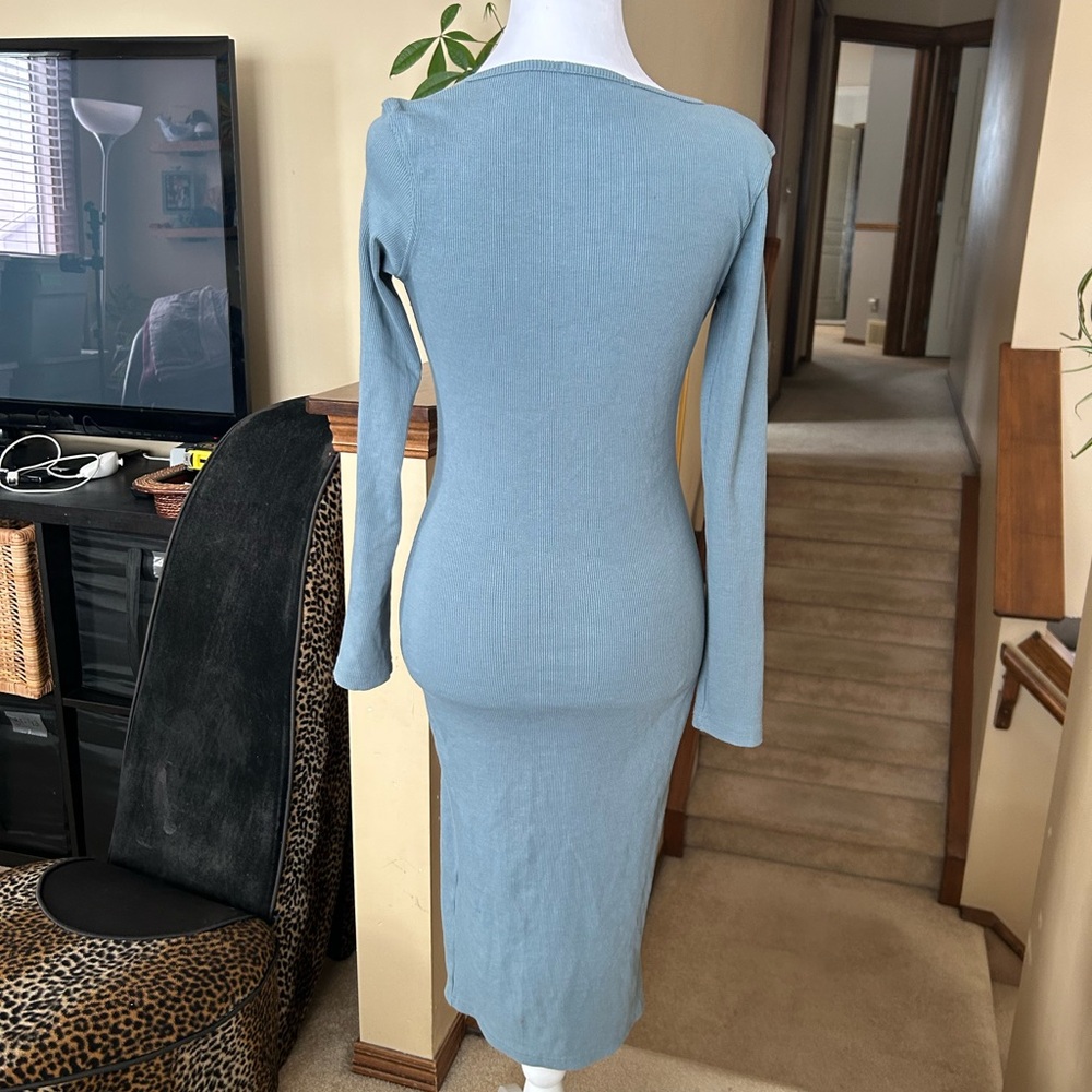 Body Con Ribbed Blue Button-Down Dress - Picture 2 of 11